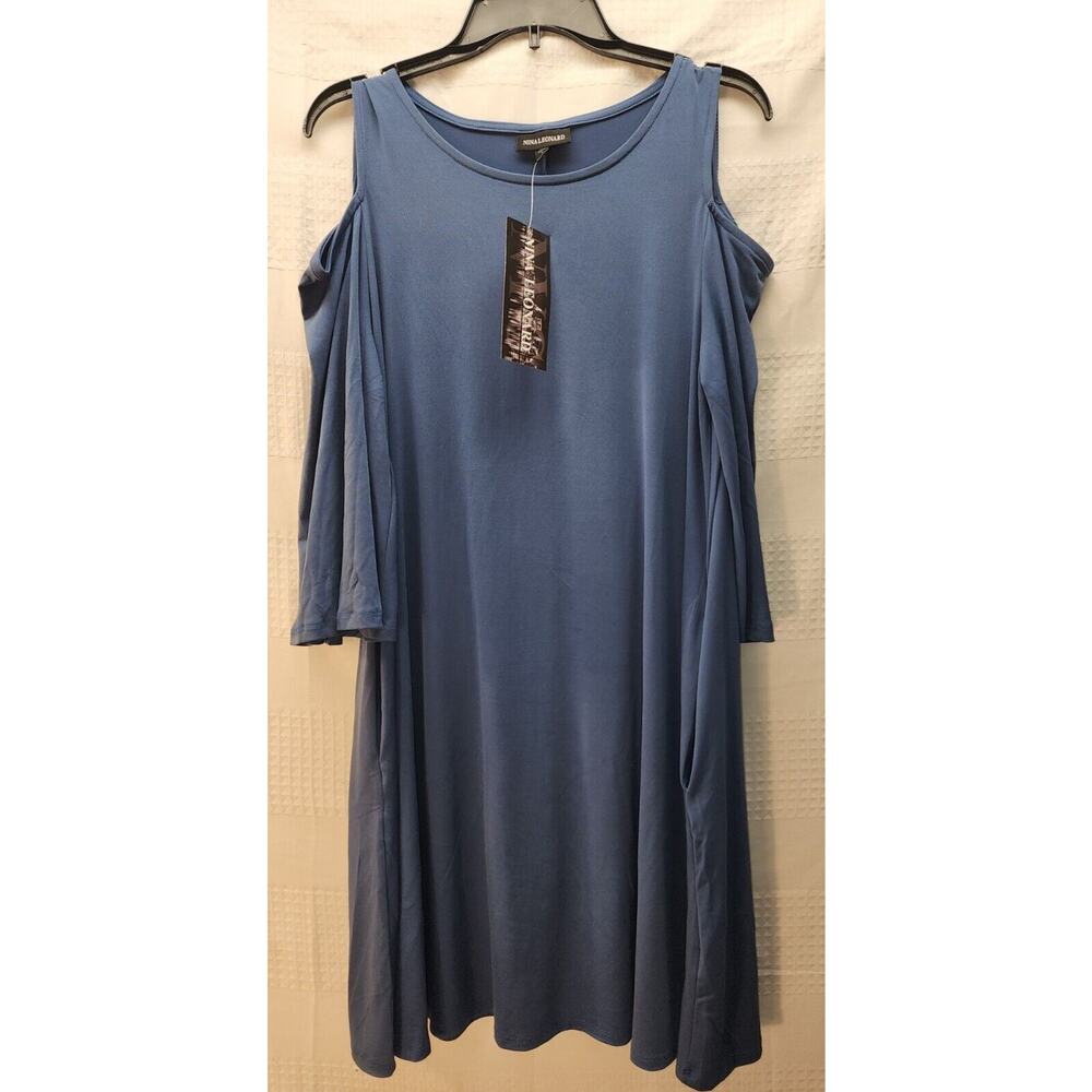 Nina Leonard Dress Womens Blue Large Cold-Shoulder Bell Sleeve Midi Pockets